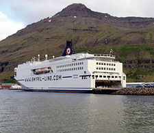 Smyril Line's ship Norröna at anchor in Iceland.