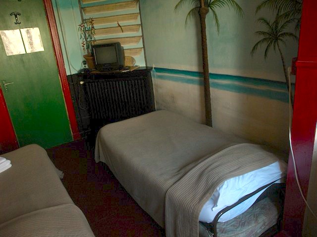 twin beds in hotel room with palm tree wallpaper at Hemp Hotel Amsterdam